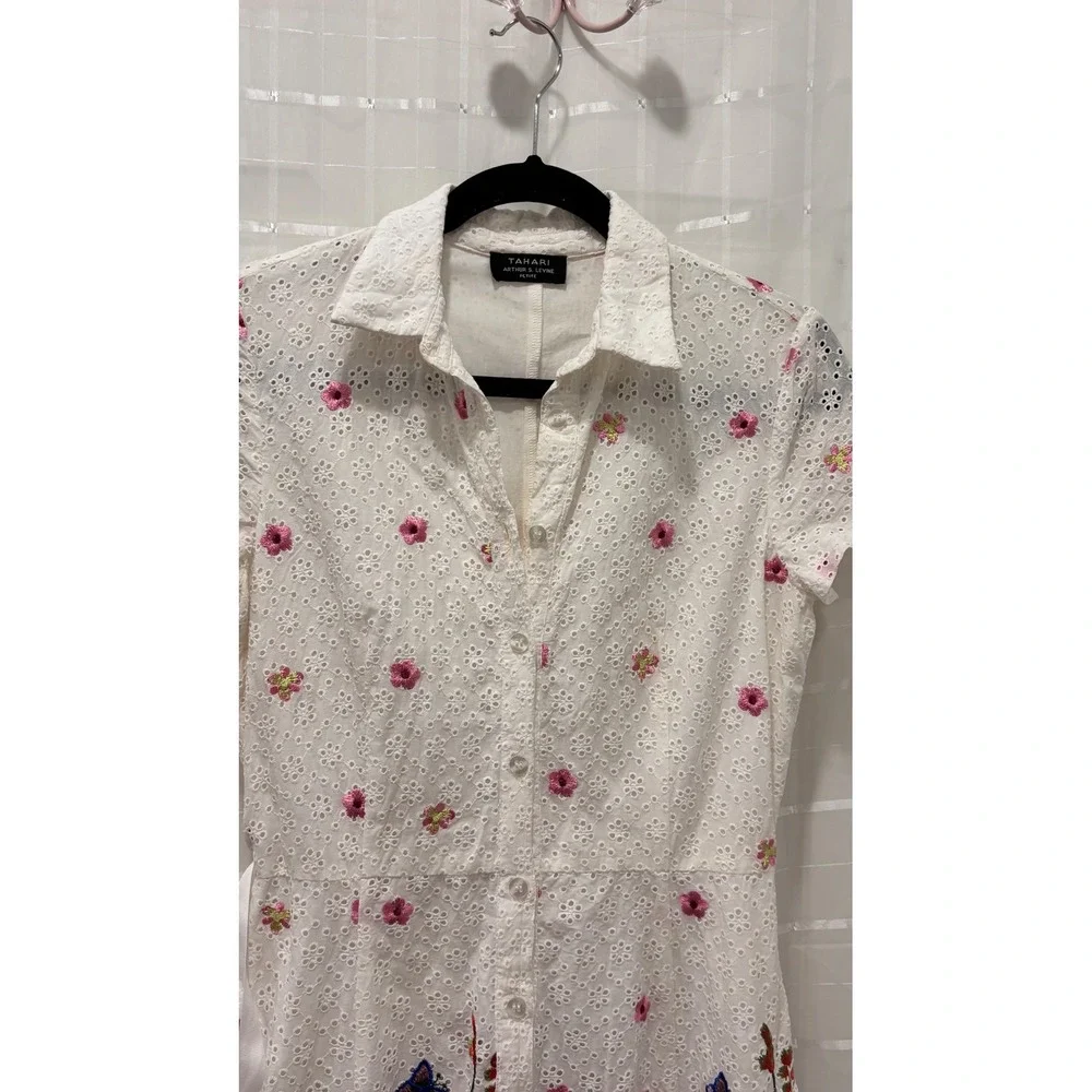 Tahari Arthur S Levine Petite Floral Eyelet Cotton Shirt Dress White Embroidered